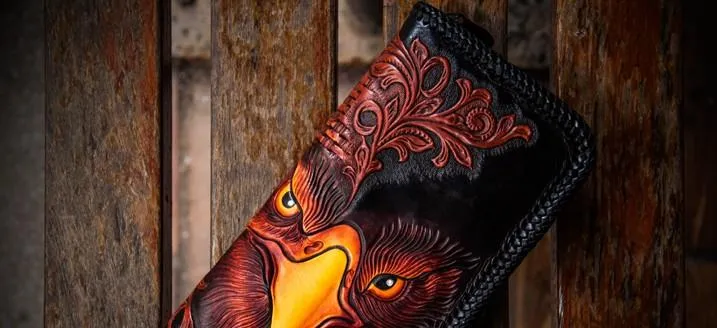 Handmade Leather Men Tooled Eagle Cool Leather Wallets Long Clutch Wallets for Men
