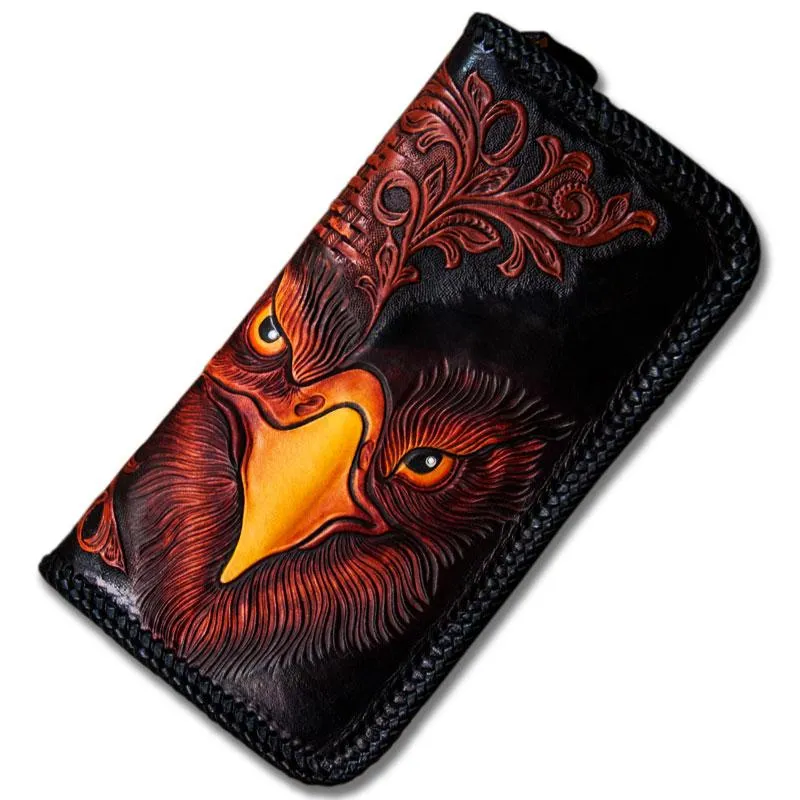 Handmade Leather Men Tooled Eagle Cool Leather Wallets Long Clutch Wallets for Men