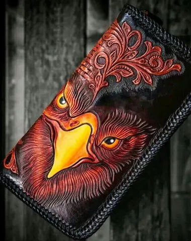 Handmade Leather Men Tooled Eagle Cool Leather Wallets Long Clutch Wallets for Men