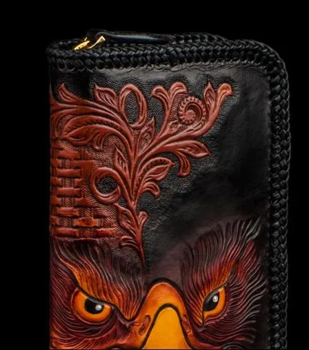Handmade Leather Men Tooled Eagle Cool Leather Wallets Long Clutch Wallets for Men