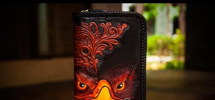 Handmade Leather Men Tooled Eagle Cool Leather Wallets Long Clutch Wallets for Men
