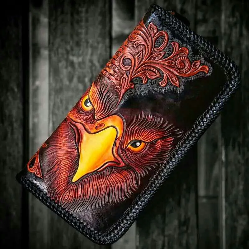 Handmade Leather Men Tooled Eagle Cool Leather Wallets Long Clutch Wallets for Men