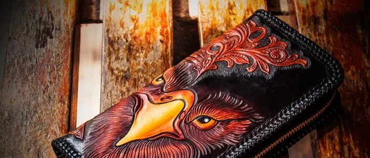 Handmade Leather Men Tooled Eagle Cool Leather Wallets Long Clutch Wallets for Men