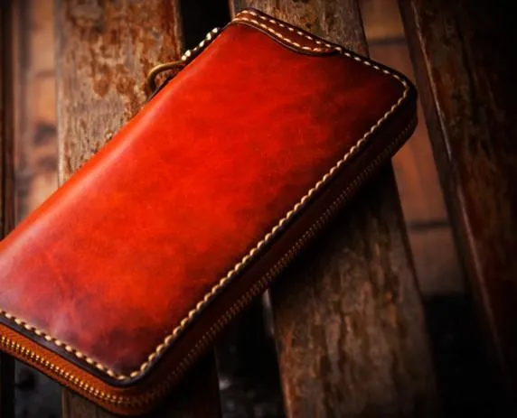Handmade Leather Mens Chain Biker Wallets Cool Leather Wallet Long Clutch Wallet for Men