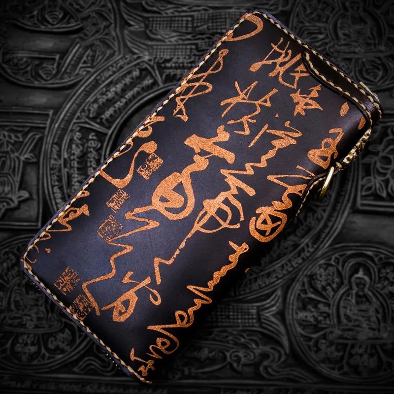 Handmade Leather Mens Chain Chinese Handwriting Biker Wallets Cool Leather Wallet Long Phone Wallets for Men