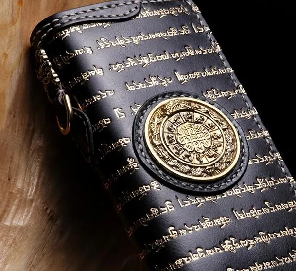 Handmade Leather Mens Chain Tibetan Biker Wallet Cool Leather Wallet Long Phone Wallets for Men