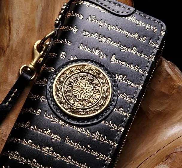 Handmade Leather Mens Chain Tibetan Biker Wallet Cool Leather Wallet Long Phone Wallets for Men