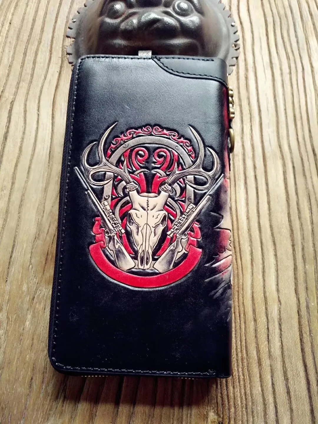 Handmade Leather Mens Clutch Wallet Cool Skull Ghost Rider Tooled Chain Wallet Biker Wallets for Men
