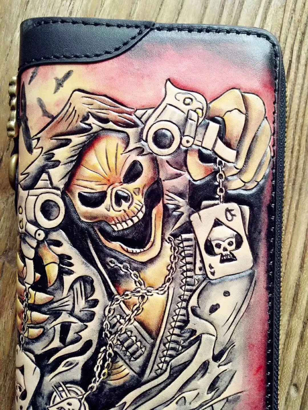 Handmade Leather Mens Clutch Wallet Cool Skull Ghost Rider Tooled Chain Wallet Biker Wallets for Men