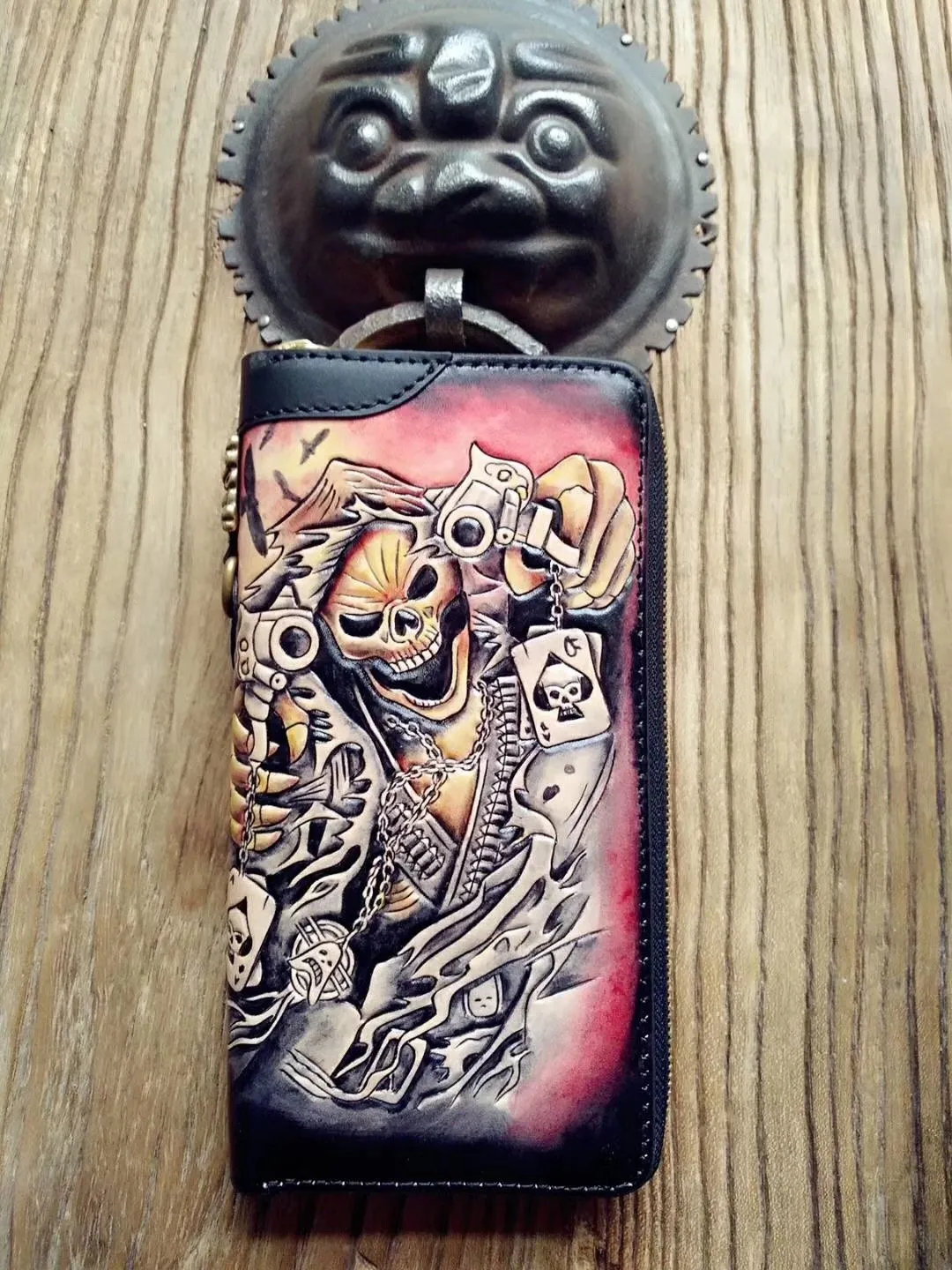 Handmade Leather Mens Clutch Wallet Cool Skull Ghost Rider Tooled Chain Wallet Biker Wallets for Men