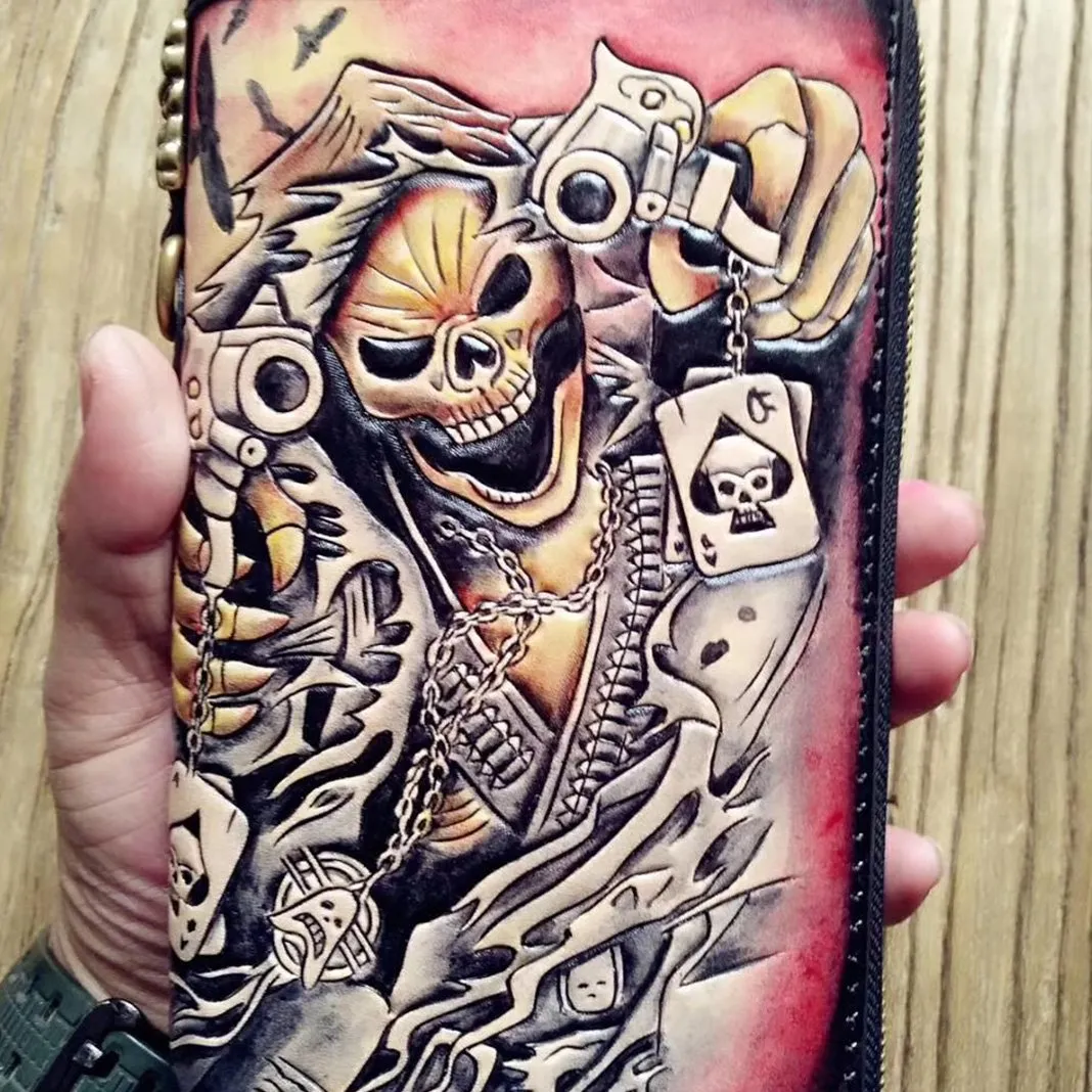 Handmade Leather Mens Clutch Wallet Cool Skull Ghost Rider Tooled Chain Wallet Biker Wallets for Men
