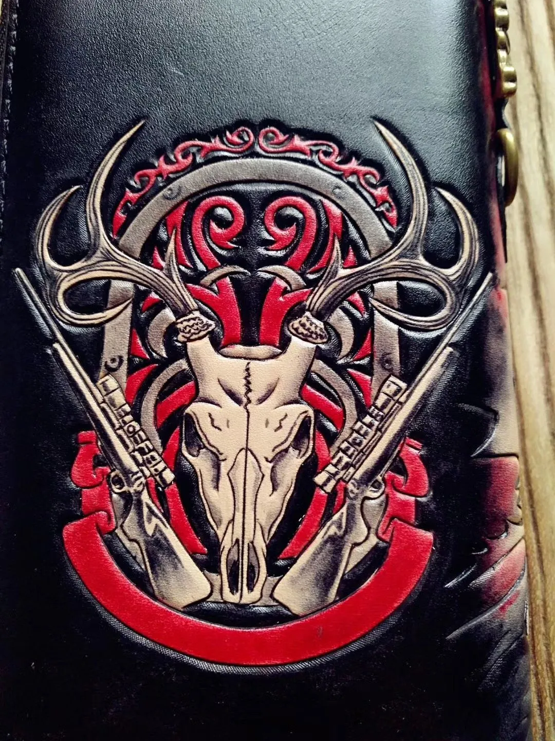Handmade Leather Mens Clutch Wallet Cool Skull Ghost Rider Tooled Chain Wallet Biker Wallets for Men