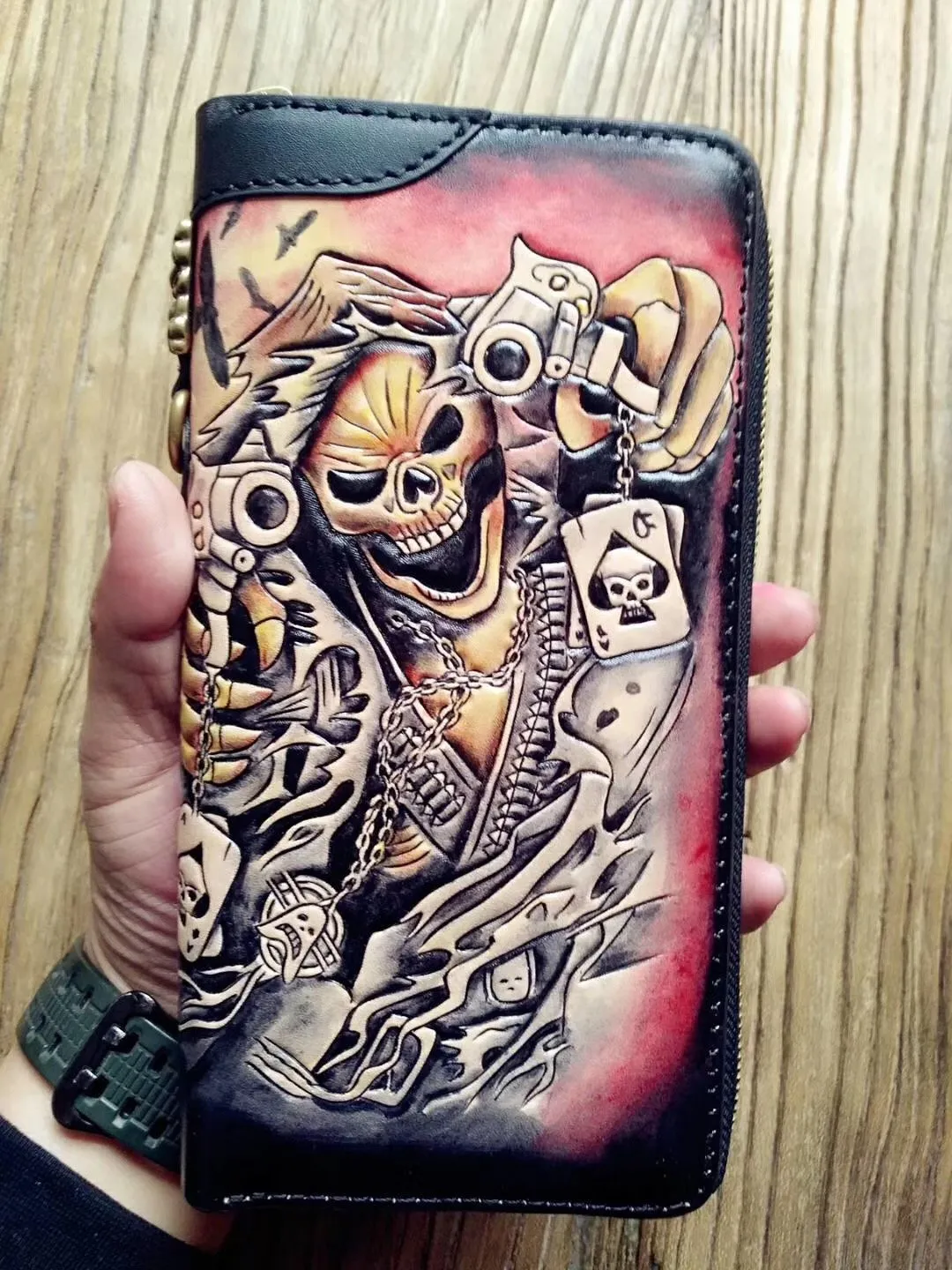 Handmade Leather Mens Clutch Wallet Cool Skull Ghost Rider Tooled Chain Wallet Biker Wallets for Men