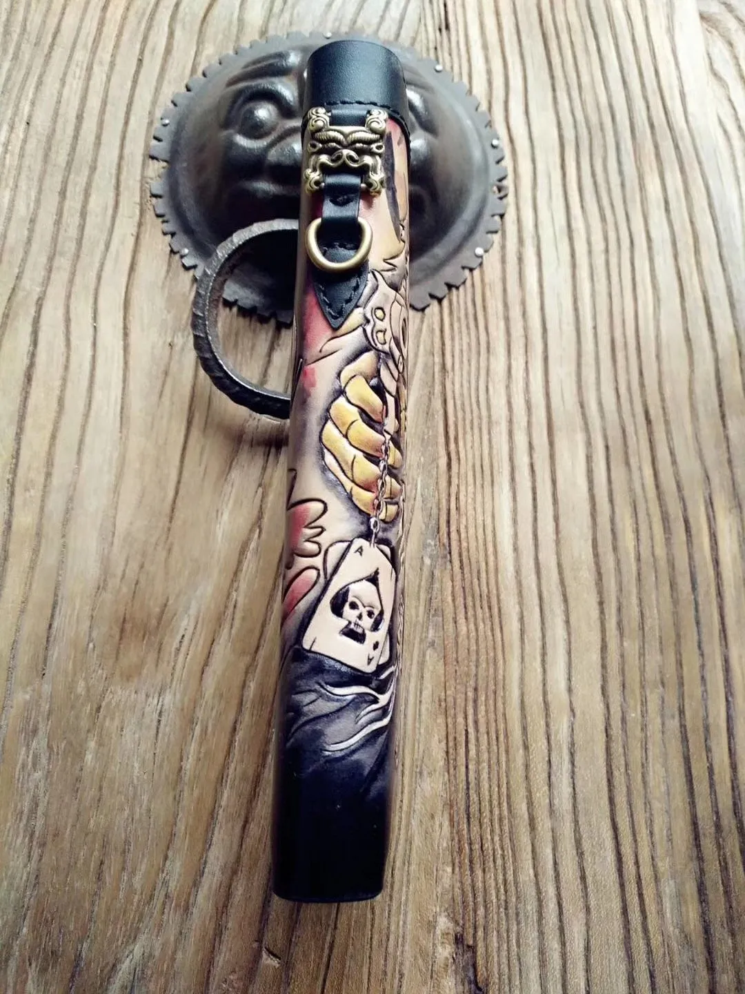 Handmade Leather Mens Clutch Wallet Cool Skull Ghost Rider Tooled Chain Wallet Biker Wallets for Men