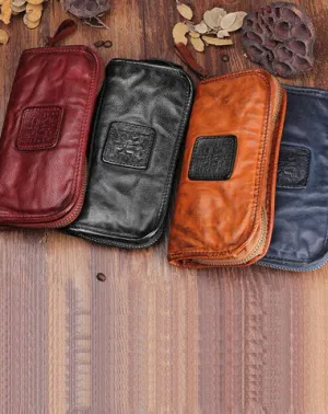 Handmade Leather Mens Cool Black Long Leather Wallet Brown Zipper Clutch Wallet Phone Bag for Men