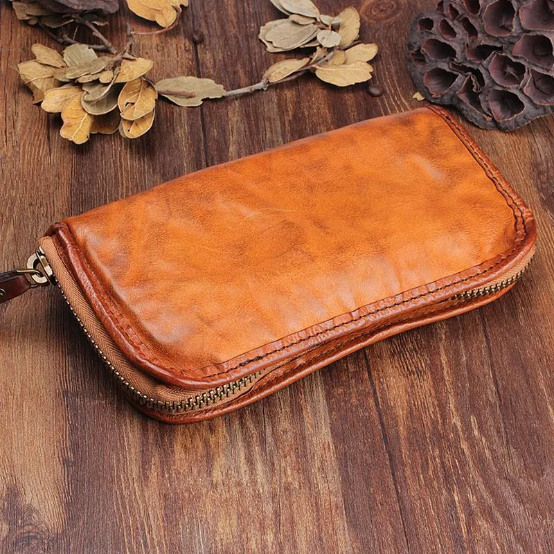 Handmade Leather Mens Cool Black Long Leather Wallet Brown Zipper Clutch Wallet Phone Bag for Men