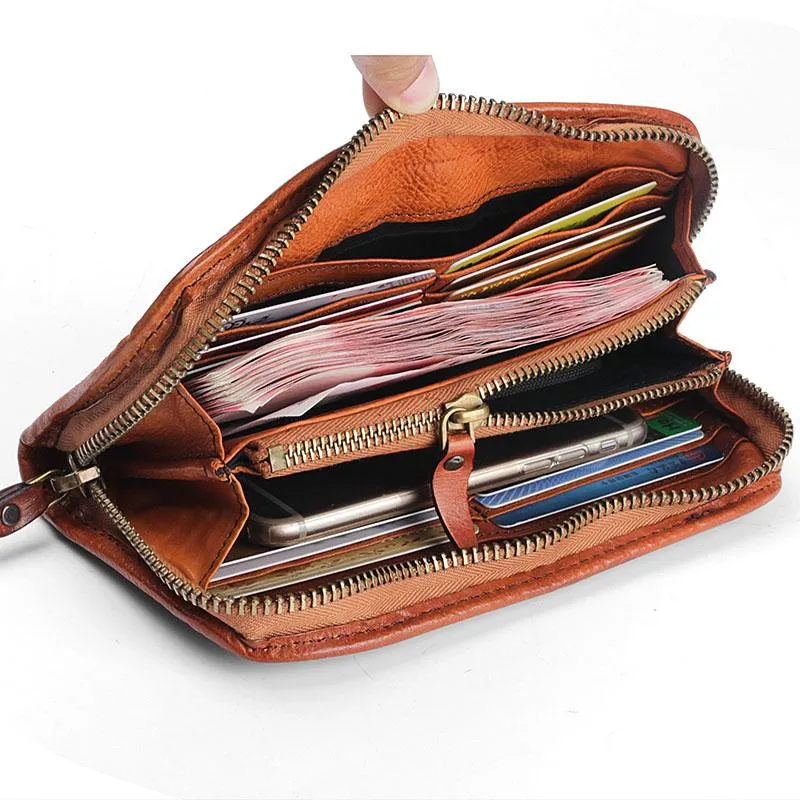 Handmade Leather Mens Cool Black Long Leather Wallet Brown Zipper Clutch Wallet Phone Bag for Men