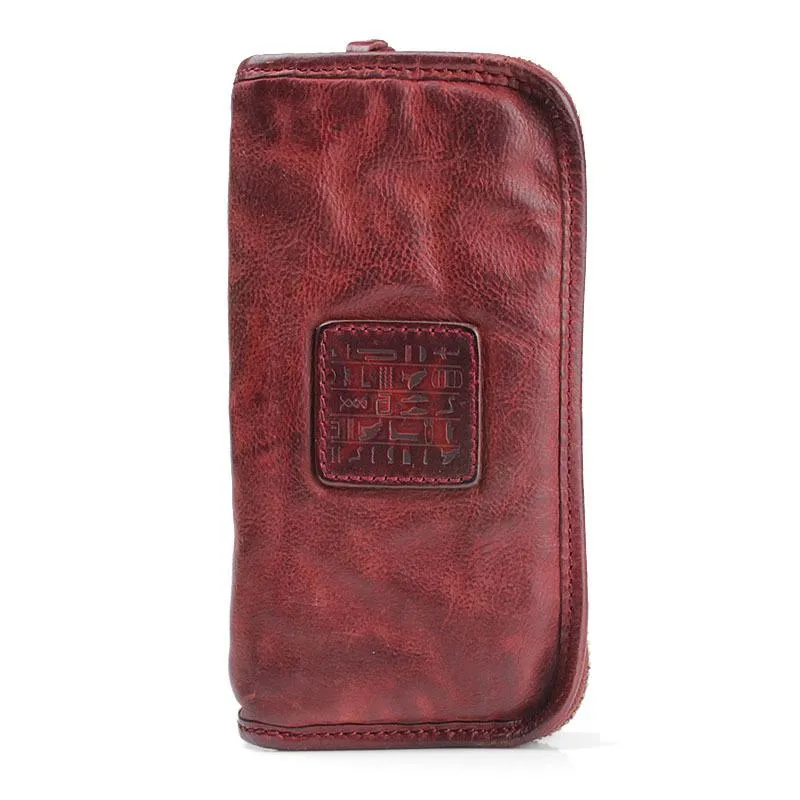 Handmade Leather Mens Cool Black Long Leather Wallet Brown Zipper Clutch Wallet Phone Bag for Men