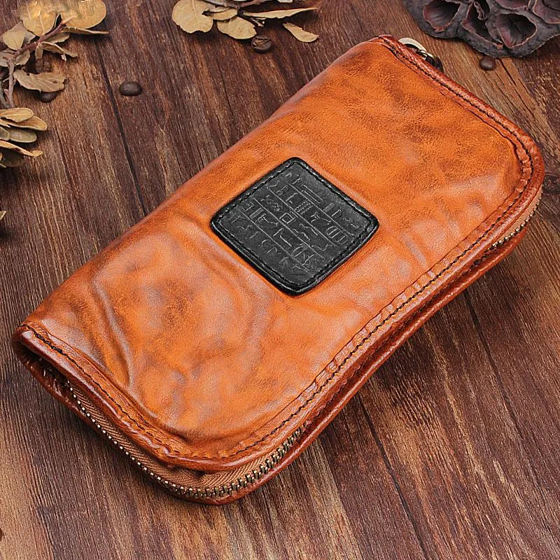 Handmade Leather Mens Cool Black Long Leather Wallet Brown Zipper Clutch Wallet Phone Bag for Men