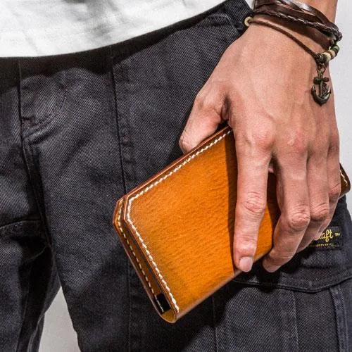 Handmade Leather Mens Cool Long Leather Wallet Bifold Clutch Wallet for Men