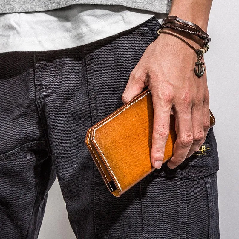Handmade Leather Mens Cool Long Leather Wallet Bifold Clutch Wallet for Men