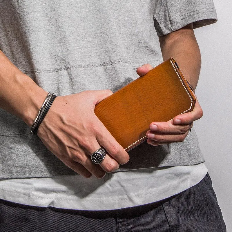 Handmade Leather Mens Cool Long Leather Wallet Bifold Clutch Wallet for Men