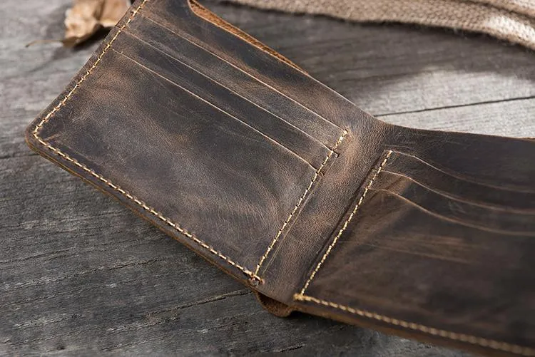 Handmade Leather Mens Cool Slim Leather Wallet Men Small billfold Wallets Bifold for Men
