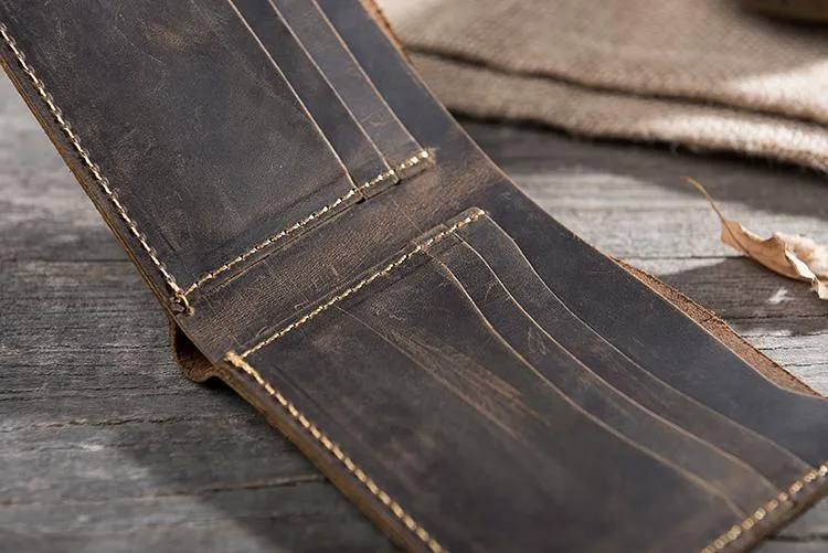 Handmade Leather Mens Cool Slim Leather Wallet Men Small billfold Wallets Bifold for Men