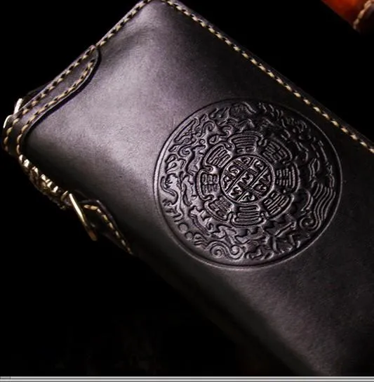 Handmade Leather Mens Cool Tibetan Chain Biker Wallets Leather Clutch Wallet Long Wallets for Men