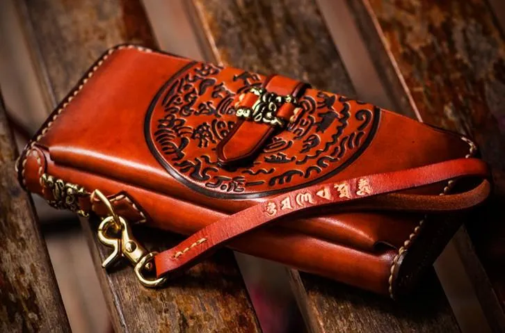 Handmade Leather Mens Tibetan Chain Biker Wallets Cool Leather Clutch Wallet Long Wallets for Men