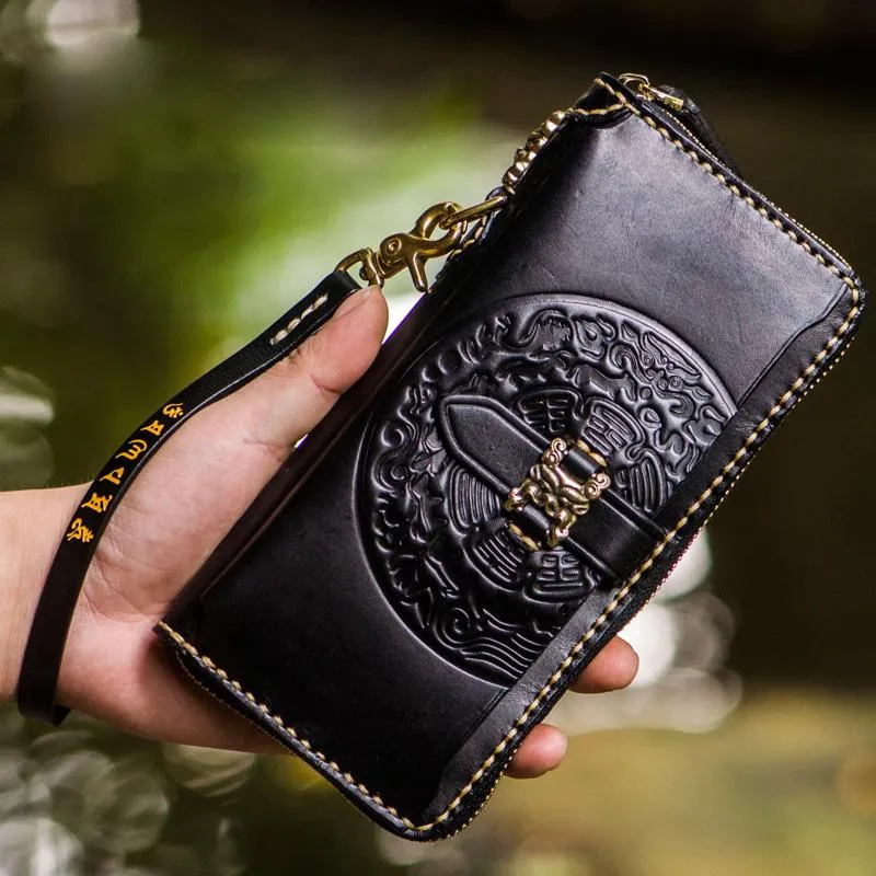 Handmade Leather Mens Tibetan Chain Biker Wallets Cool Leather Clutch Wallet Long Wallets for Men