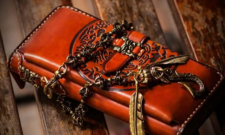 Handmade Leather Mens Tibetan Chain Biker Wallets Cool Leather Clutch Wallet Long Wallets for Men