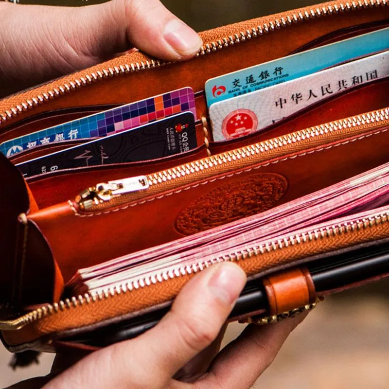 Handmade Leather Mens Tibetan Chain Biker Wallets Cool Leather Clutch Wallet Long Wallets for Men