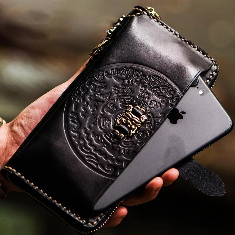 Handmade Leather Mens Tibetan Chain Biker Wallets Cool Leather Clutch Wallet Long Wallets for Men