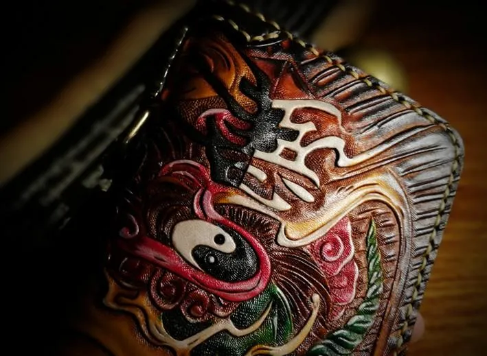 Handmade Leather Mens Tooled Buddha&Demon Chain Biker Wallet Cool Leather Wallet Long Clutch Wallets for Men