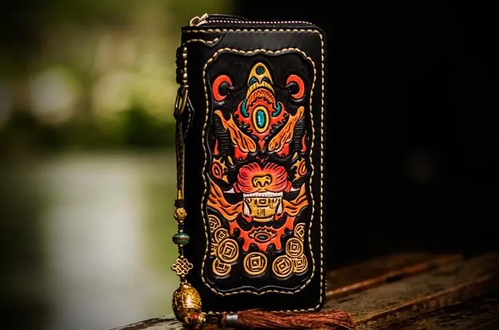 Handmade Leather Mens Tooled Monster Chain Biker Wallet Cool Leather Wallet Long Clutch Wallets for Men