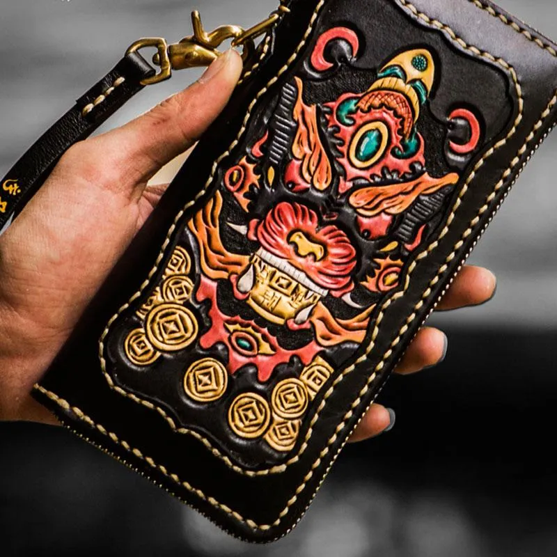 Handmade Leather Mens Tooled Monster Chain Biker Wallet Cool Leather Wallet Long Clutch Wallets for Men