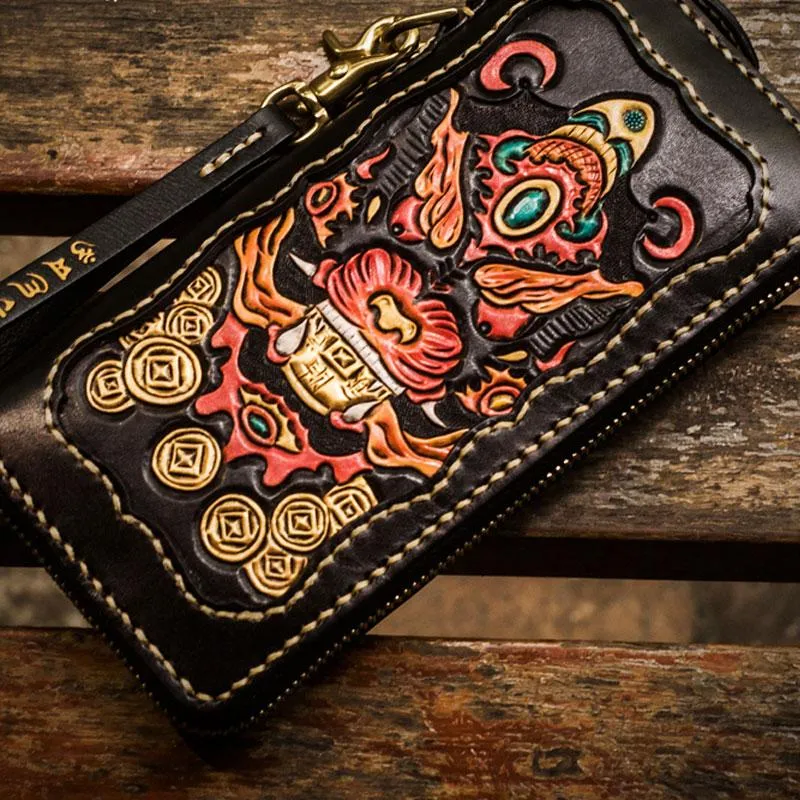 Handmade Leather Mens Tooled Monster Chain Biker Wallet Cool Leather Wallet Long Clutch Wallets for Men