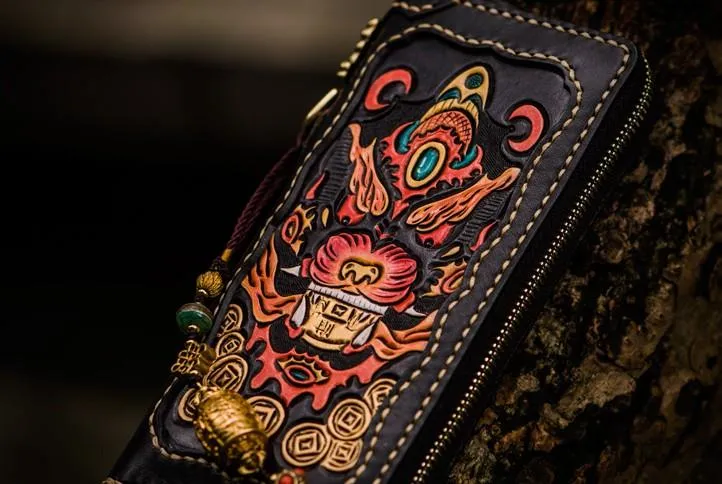 Handmade Leather Mens Tooled Monster Chain Biker Wallet Cool Leather Wallet Long Clutch Wallets for Men