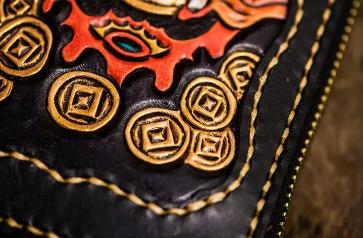 Handmade Leather Mens Tooled Monster Chain Biker Wallet Cool Leather Wallet Long Clutch Wallets for Men