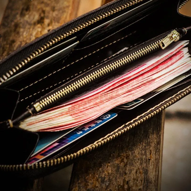 Handmade Leather Mens Tooled Monster Chain Biker Wallet Cool Leather Wallet Long Clutch Wallets for Men