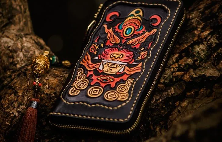 Handmade Leather Mens Tooled Monster Chain Biker Wallet Cool Leather Wallet Long Clutch Wallets for Men