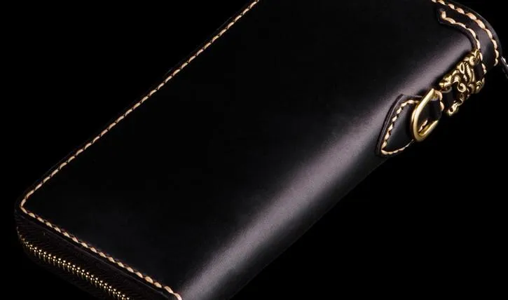 Handmade Leather Mens Tooled Monster Chain Biker Wallet Cool Leather Wallet Long Clutch Wallets for Men
