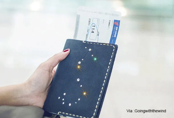 Handmade Leather passport wallet purse women billfold wallet constellation
