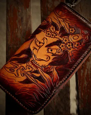 Handmade leather prajn???? biker wallet clutch zip long wallet brown leather men phone