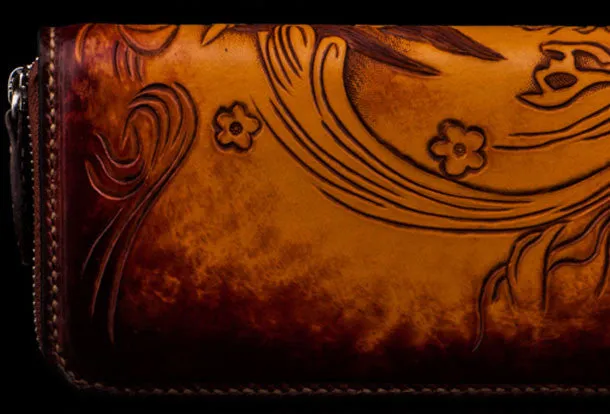 Handmade leather prajn???? biker wallet clutch zip long wallet brown leather men phone
