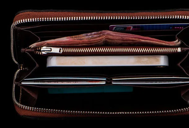 Handmade leather prajn???? biker wallet clutch zip long wallet brown leather men phone