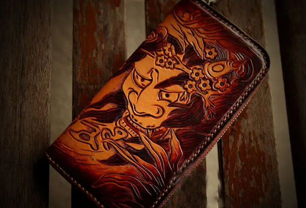 Handmade leather prajn???? biker wallet clutch zip long wallet brown leather men phone