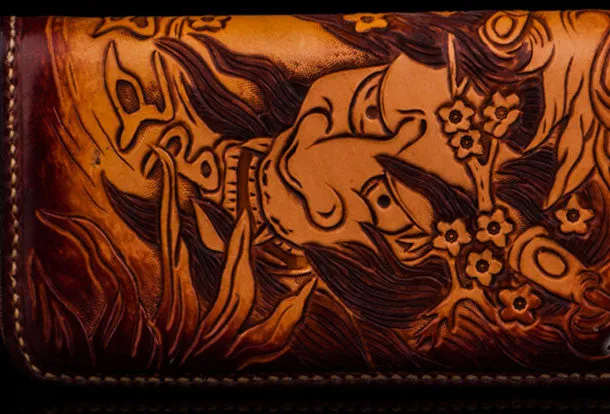 Handmade leather prajn???? biker wallet clutch zip long wallet brown leather men phone