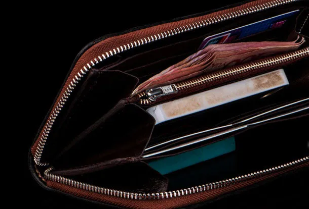 Handmade leather prajn???? biker wallet clutch zip long wallet brown leather men phone